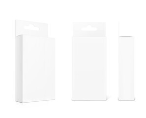 White package box with hang slot mockup for electronic and mobile accessories. Three side views. Vector illustration isolated on white background. Ready and simple to use for your design. EPS10.