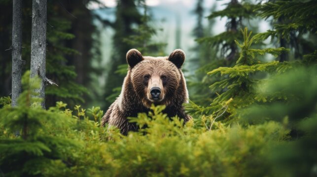  a brown bear walking through a forest filled with lots of green trees and tall pine trees on both sides of the bear's face.