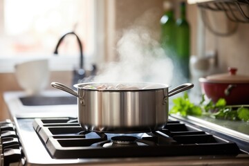 steaming pot of clam chowder on a kitchen stove - obrazy, fototapety, plakaty
