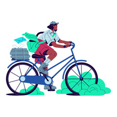 Obraz premium Postman deliver mail by bicycle. Mailman carries envelopes, paper letters, stack of newspapers. Post worker ride bike. Delivery of correspondence. Flat isolated vector illustration on white background