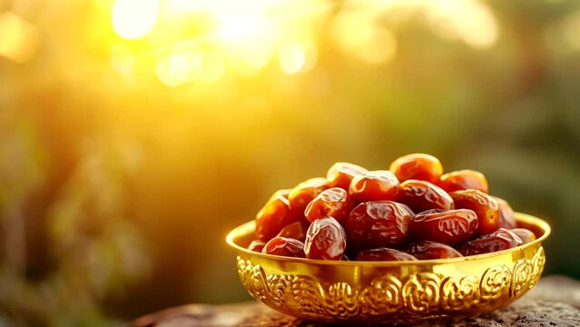 Dates Fruit On Gold Bowl At Sunset For Breaking Fasting Ramadan Video Looping Background