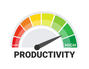 Productivity Meter Vector Illustration with Low to High Scale, Efficiency and Work Performance Concept