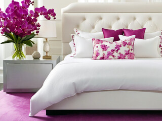luxurious white bed adorned with a vibrant bouquet of orchid flowers