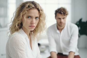 Sad young woman and man argument, сlose up upset wife looks at camera in front and husband behind sits at sofa quarrel at home. Family conflict, crisis, psychological abuse, relationships concept