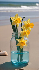 A Captivating Daffodil Jar Amidst Beach Serenity AI GENERATED