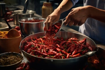  a person is sprinkling chili into a large pot of chilis on a table with other bowls of chilis in the background. - obrazy, fototapety, plakaty