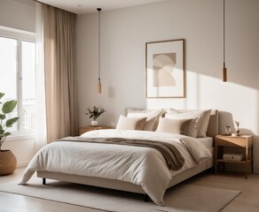  minimalist apartment bedroom, modernism furnishings, beige and white tone