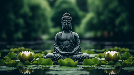 Meditative Buddha statue surrounded by blooming lotuses in calm waters of pond symbolizes spiritual balance and inner peace, scene of tranquil spiritual equilibrium and natural beauty - obrazy, fototapety, plakaty