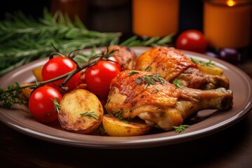  a close up of a plate of food with chicken, potatoes, tomatoes and a sprig of rosemary.
