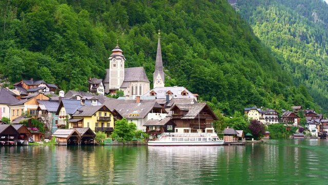 Hallstatt village, famous landmark in Austrian Alps. popular tourist sightseeing destination. 