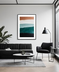 photo of a desk and chair in a room with a large painting on the wall