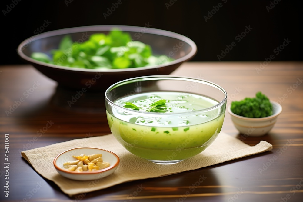 Sticker glass bowl of edamame soup with sprig of cilantro