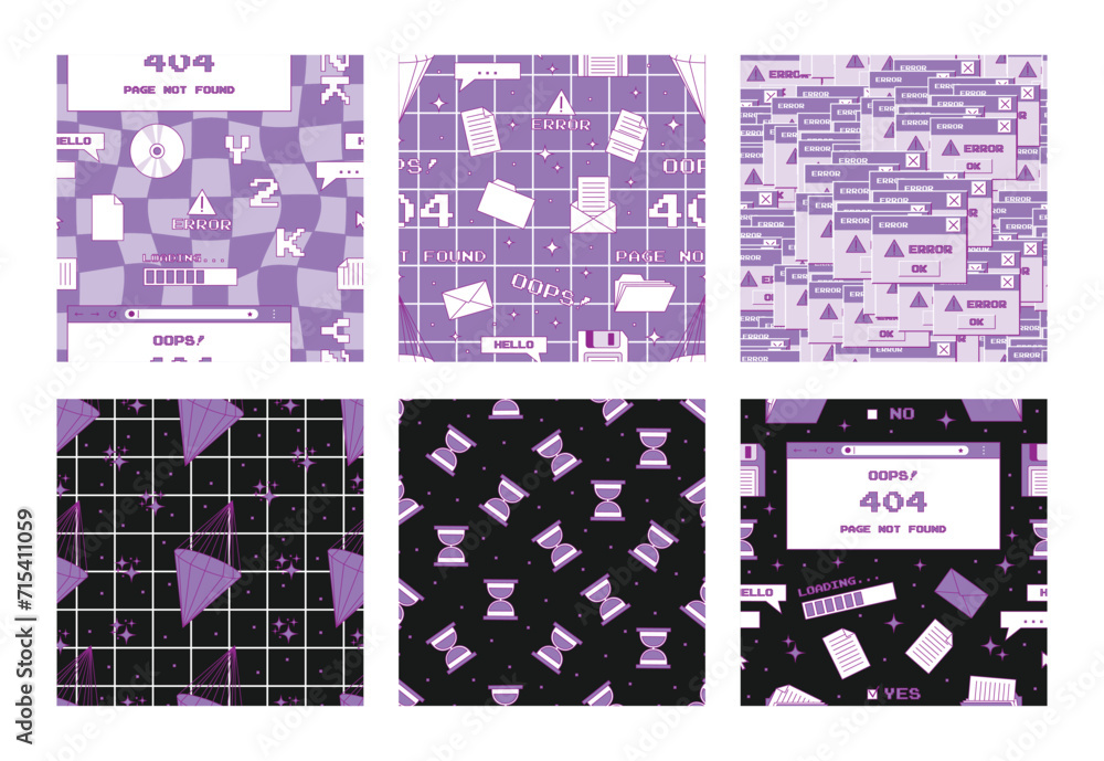 Poster set of seamless pattern in y2k style. retro pc elements, user interface. template for card, fabric, 