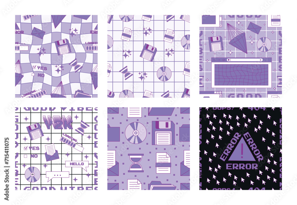 Poster set of seamless patterns in the 2000s style with old computer user interface elements. template for 