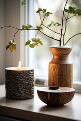 Candle and vase with candlestick in modern norwegian style interior living room design.