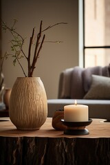 Fototapeta na wymiar Candle and vase with candlestick in modern norwegian style interior living room design.