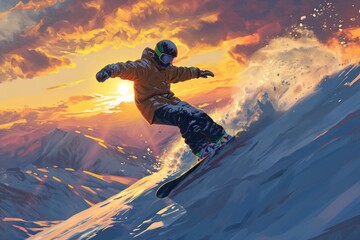 Snowboarder going down the slope in the sun. The concept for the development of winter sports - alpine skiing, snowboarding, mountaineering, development of active recreation, health promotion.
 - obrazy, fototapety, plakaty