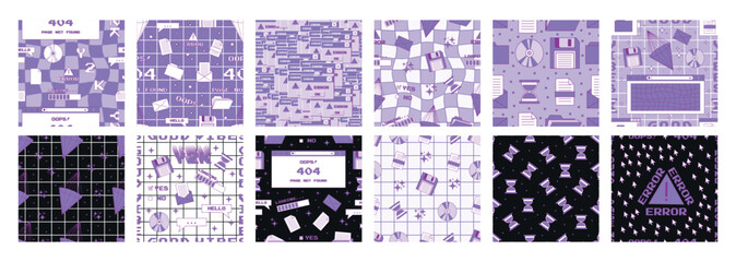 Big set of seamless patterns in trendy y2k style. Old computer aesthetics from the 90s, 00s. Retro PC elements, user interface. Template for card, fabric, textile, wallpaper, paper, packaging