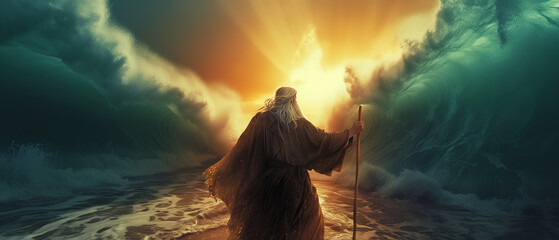 Crossing of the Red Sea during exodus, Moses splitting the red sea - obrazy, fototapety, plakaty