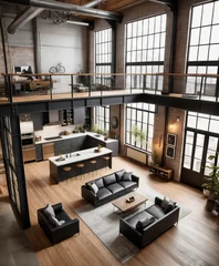 Foto op Canvas A modern industrial loft, high ceilings with exposed ductwork, viewed from an elevated angle to capture the open-plan layout © Arhitercture