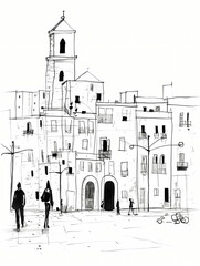 Trapani Tp City Center And Some People, A Drawing Of A Building With People Walking In Front Of It