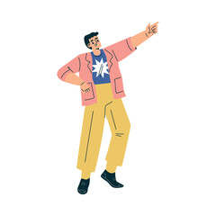 Happy Man Character Stand Point Finger at Something Show Hand Gesture Vector Illustration