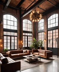 Front view of an industrial-style loft, exposed brick wall  Soft evening light casts dramatic shadows