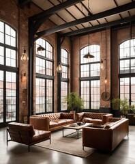 Front view of an industrial-style loft, exposed brick wall  Soft evening light casts dramatic...