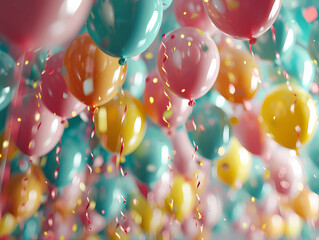 Colorful Birthday Party Balloons, A Group Of Balloons With Confetti