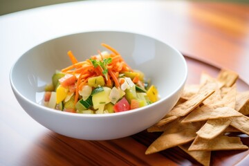 freshly chopped vegetables with crispy pita on a white bowl
