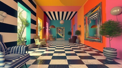 Vivid modern colorful interior. Super extravagant room design with optical illusion elements