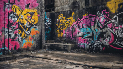 Gloomy backyard with dark walls covered in random graffiti, cityscape