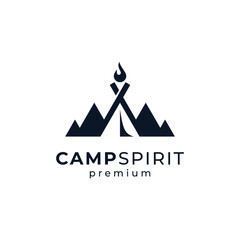 mountain, camp and campfire tents for adventure, hiking and camping logos - obrazy, fototapety, plakaty