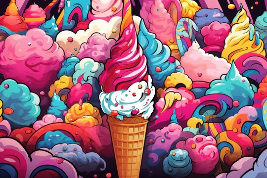  a painting of an ice cream cone in the middle of a field of colorful ice creams and sprinkles.