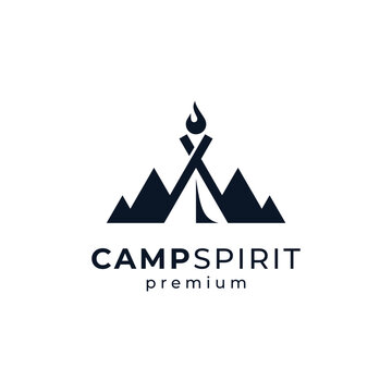 mountain, camp and campfire tents for adventure, hiking and camping logos