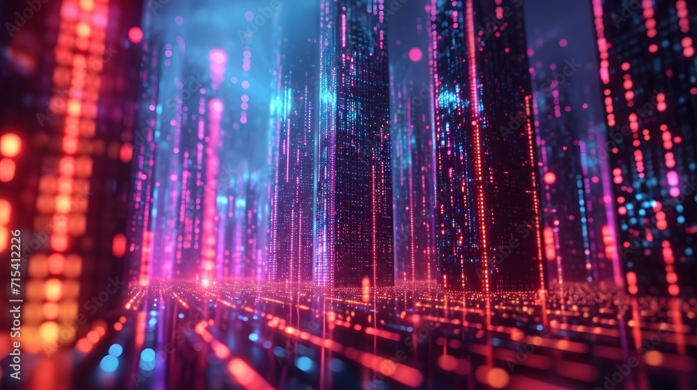 Poster abstract background, virtual office buildings emerging from lines of code, forming a digital citysca
