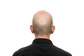 Rear view of a bald man's head and upper shoulders against a transparent background, depicting the concept of baldness or hair loss isolated on transparent background