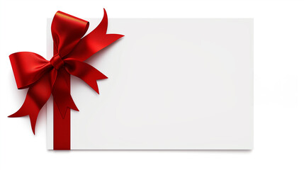 A blank gift card with a luxurious red ribbon bow isolated on a white background, suitable for holidays or special occasions