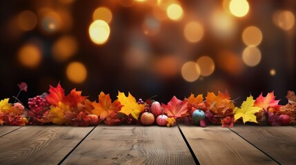 Naklejka na ściany i meble Maple autumn leaves on the wooden table with light bokeh background. Autumn seasonal background concept.