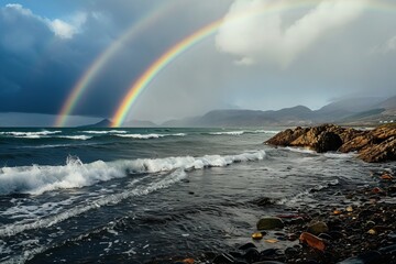 Double rainbow on the sea coast. The concept of an unusual natural phenomenon.
