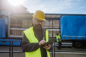 Warehouse manager overseeing unloading of truck, holding tablet, looking at cargo details, checking...