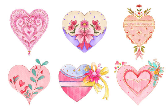Watercolor vintage valentine's day heart symbol . Set 5 of 5 . White isolate background . Illustration .