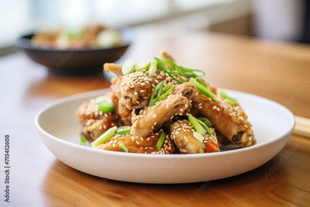 Wall mural asian-style fried chicken with sesame seeds and green onions