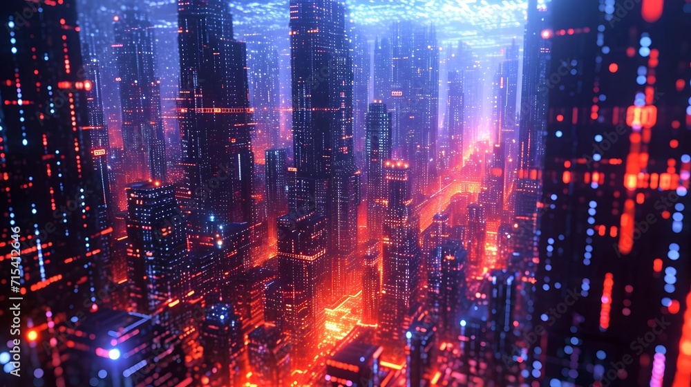 Poster abstract background with lights, virtual office buildings emerging from lines of code, forming a dig