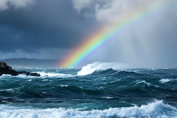 Rainbow against the backdrop of sea waves and dark sky. The concept of an unusual natural phenomenon.
