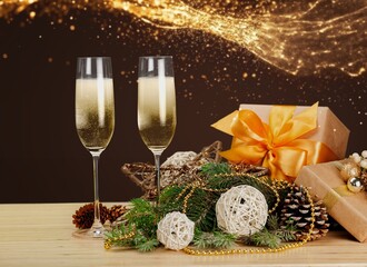 champagne bottle and glasses with golden ribbons