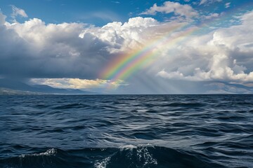 Double rainbow between sky and sea. The concept of an unusual natural phenomenon.
