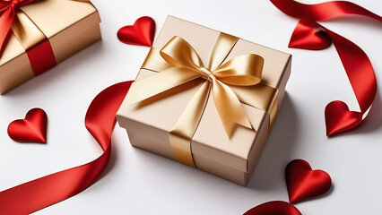 Beige gift boxes with red and beige ribbons and hearts , Valentine`s gift on white background, flat lay
