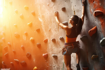 Athletic woman climbing indoors, view from the back. Olympic sport