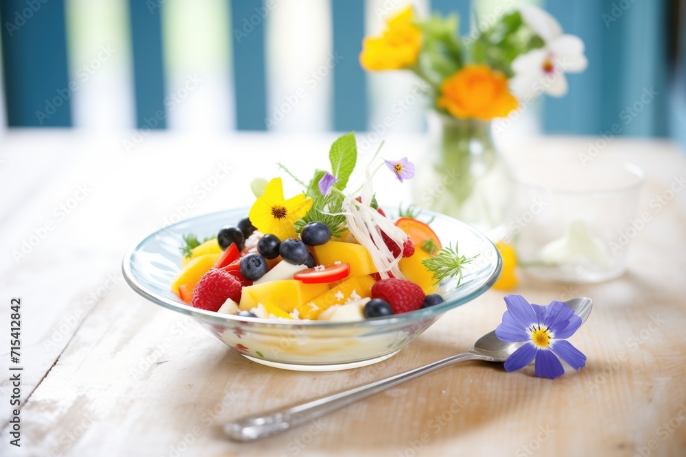 Sticker elegant fruit salad presentation with edible flowers